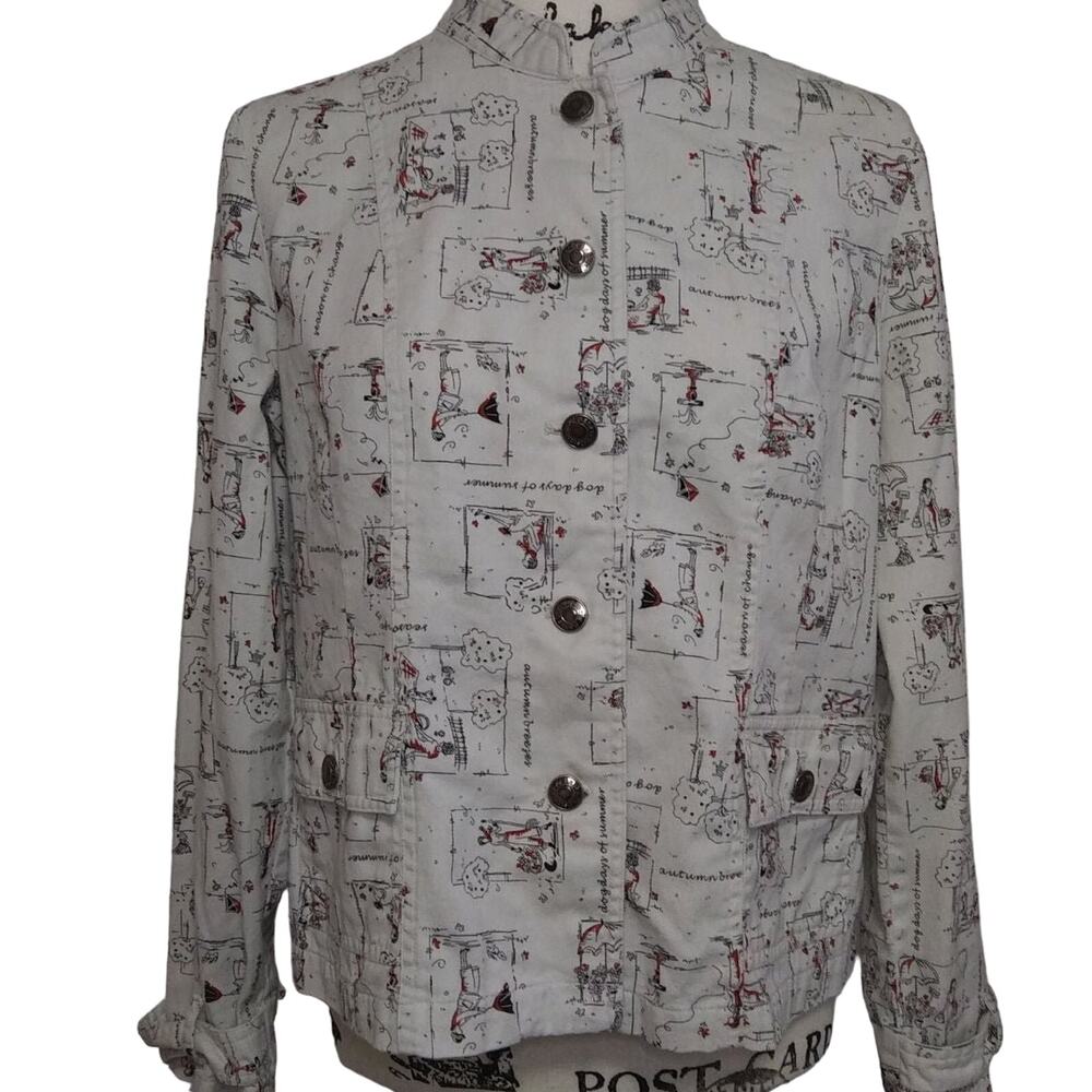 Christopher & Banks Button Up Blazer Novelty Cartoon Print Sz Medium 100% Cotton